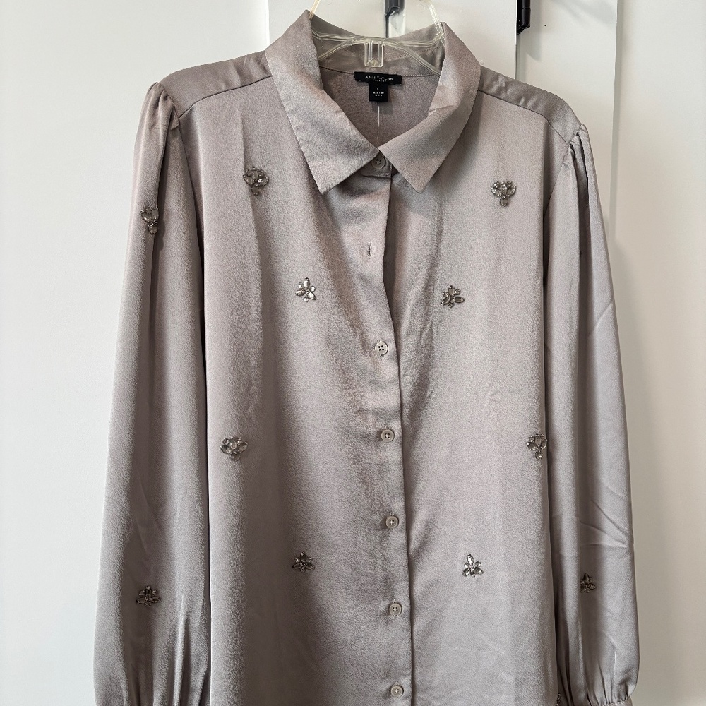 Ann Taylor Factory Embellished Large Taupe Long Sleeve Shirt